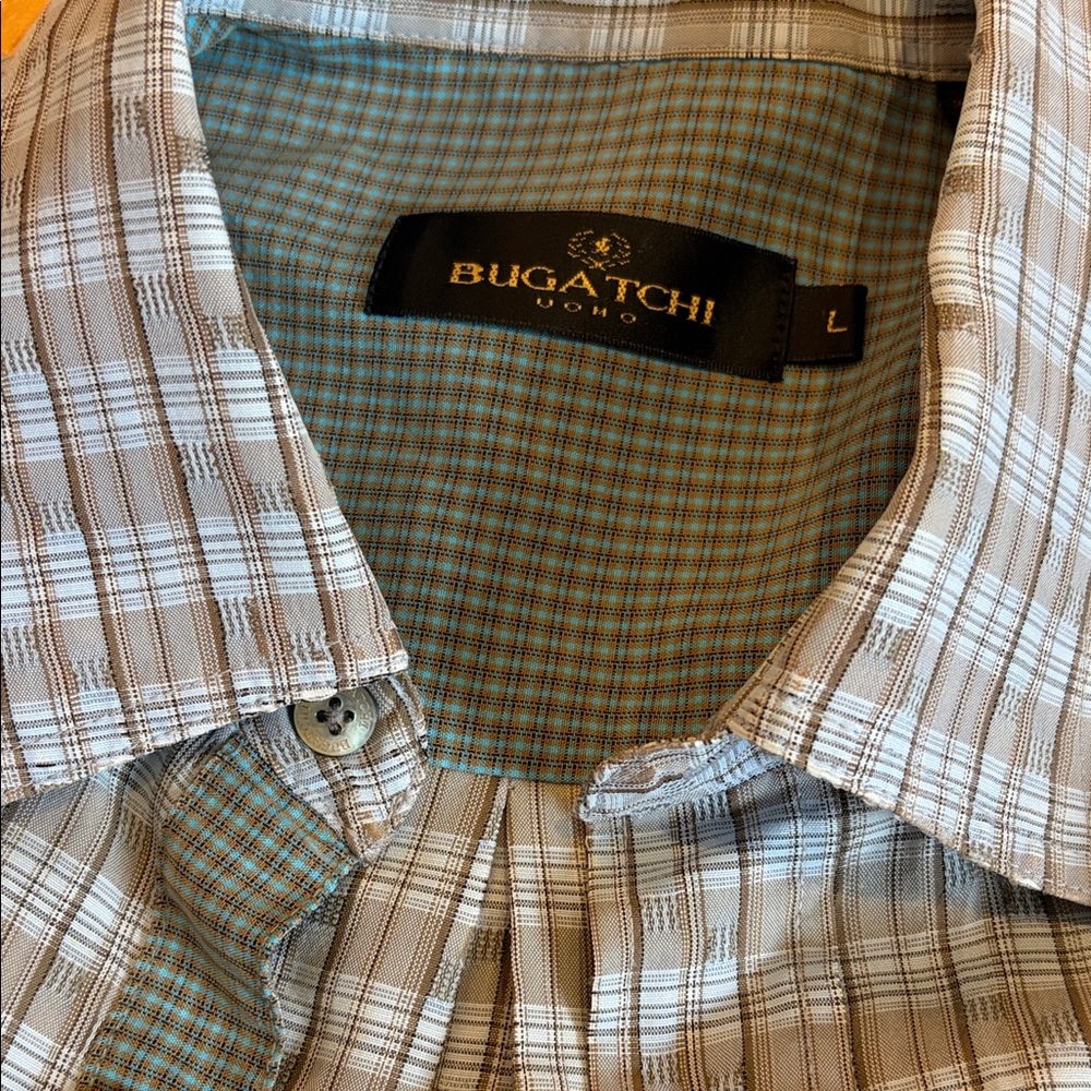 Bugatchi Men's Tan and Blue Checkered Shirt